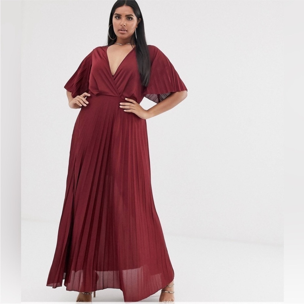 ASOS Curve New Burgundy Wine Kimono Pleat Maxi Dress Womenโs Size 12
